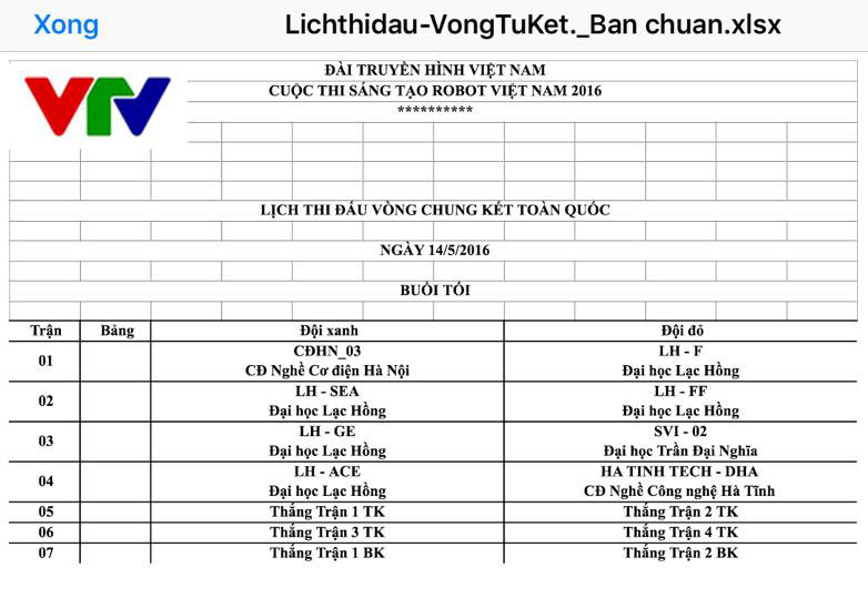 Lịch thi đấu chung kết Robocon 2016
